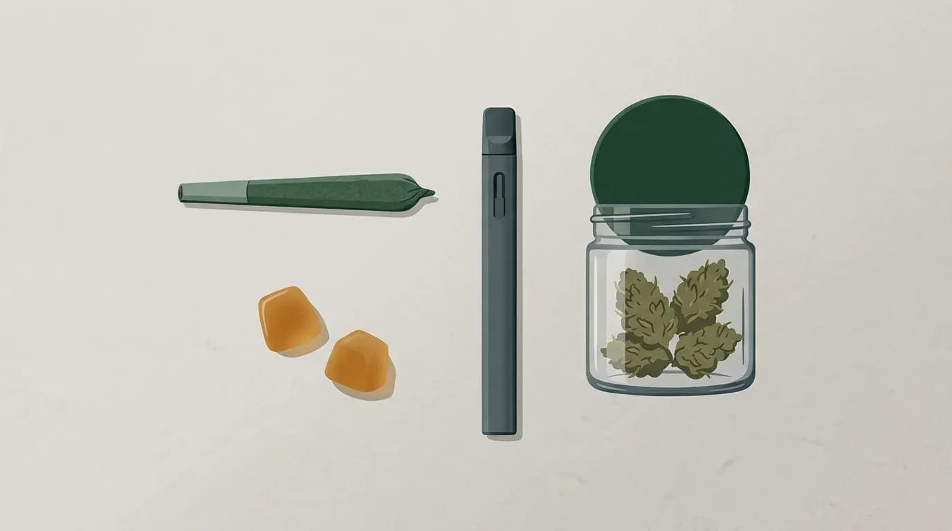 Illustration of four ways cannabis is used, a rolled joint, a vape pen, two gummy edibles and a glass jar of cannabis flower, arranged on a plain surface