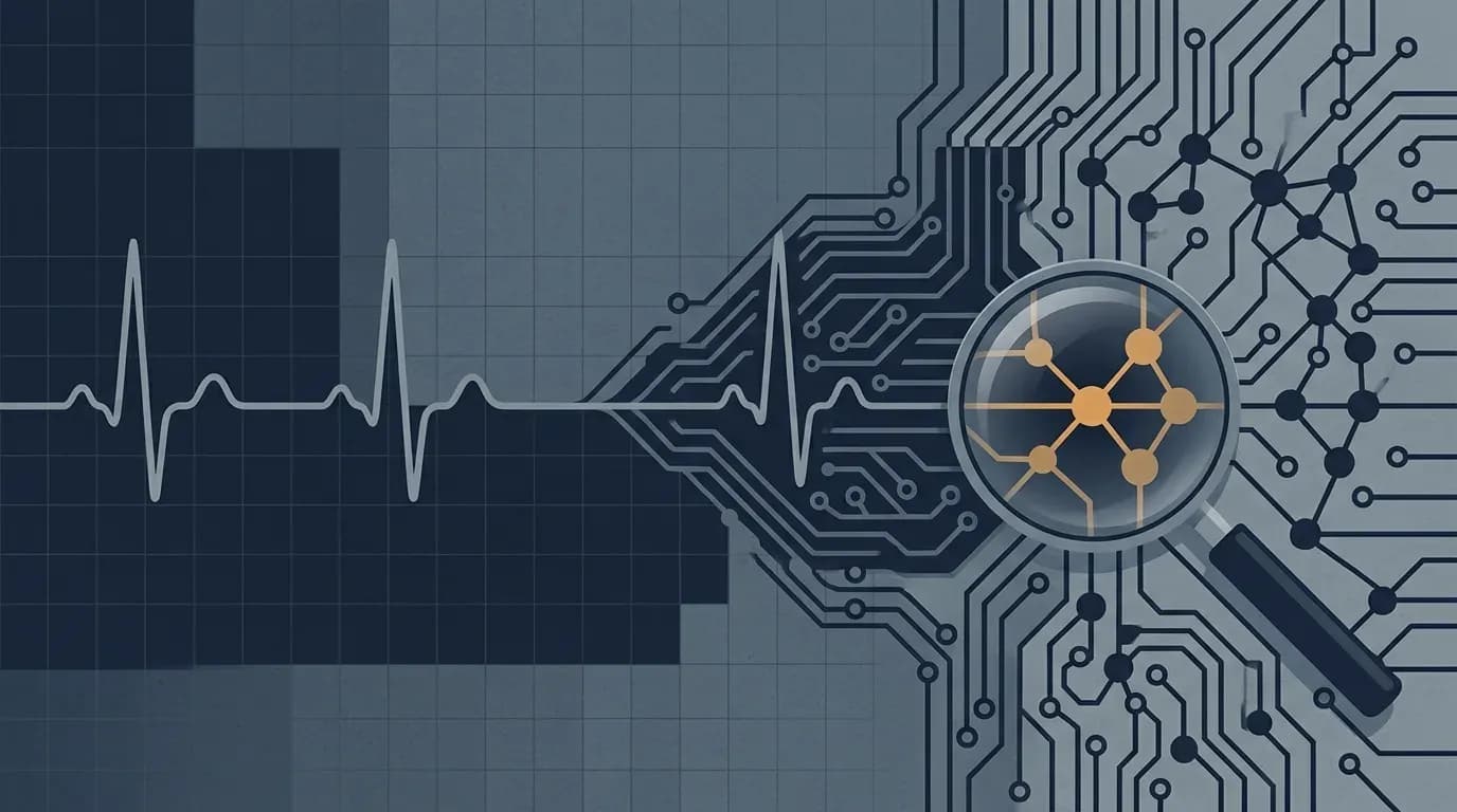 Illustration of a hospital heartbeat line turning into a circuit board with a magnifying glass over a network of nodes