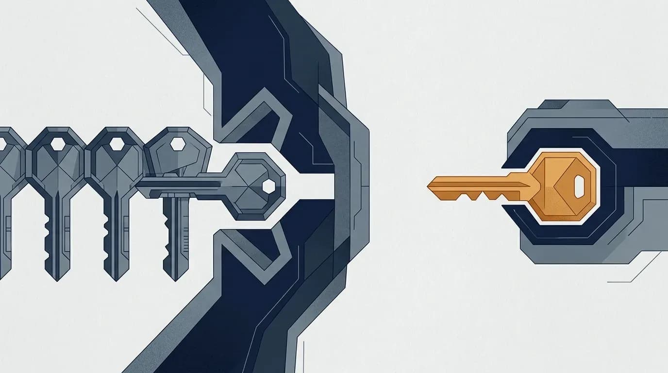 Illustration of a row of keys that no longer fit a lock, beside one differently shaped key that fits.