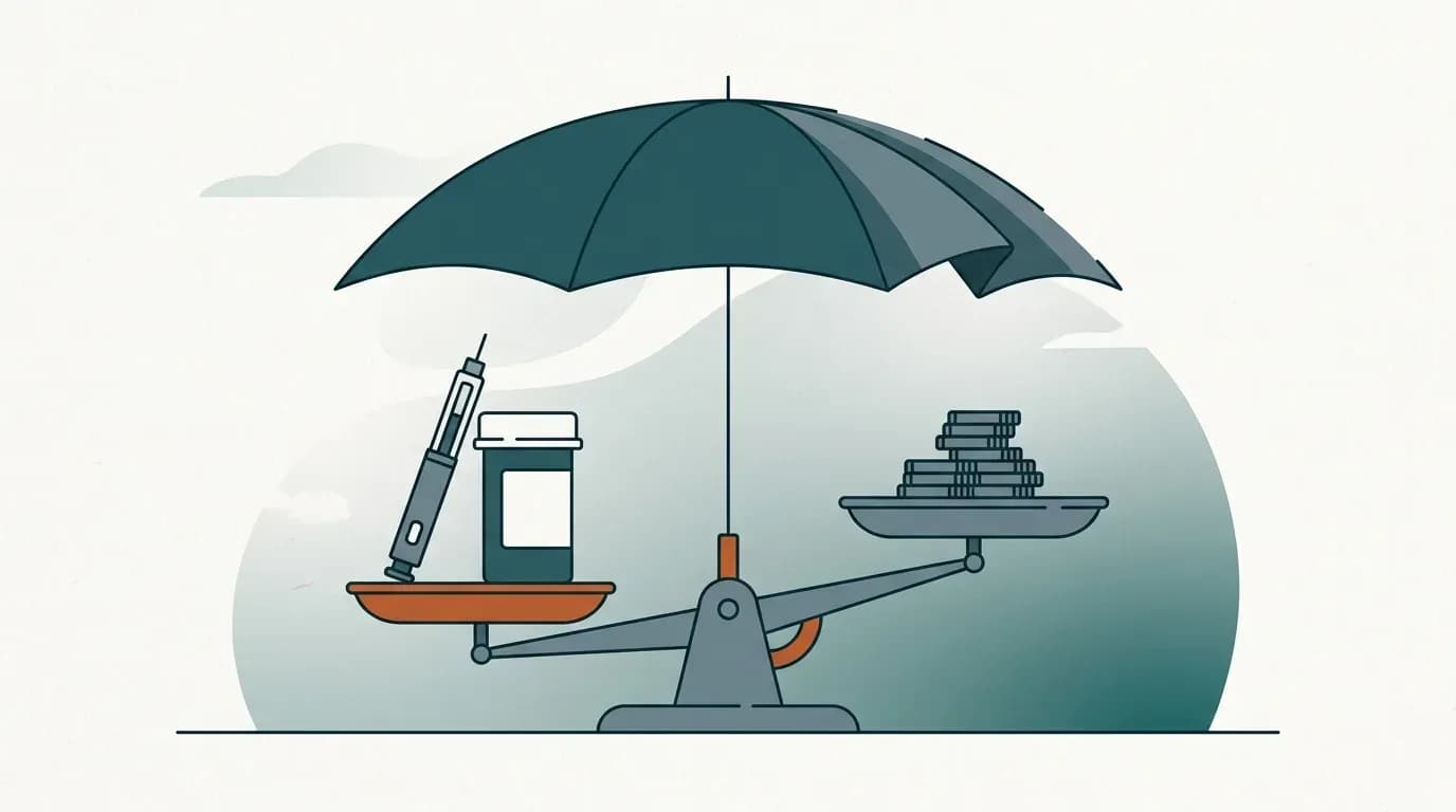 Illustration of an injector pen and pill bottle on a balance scale opposite a stack of coins under an umbrella