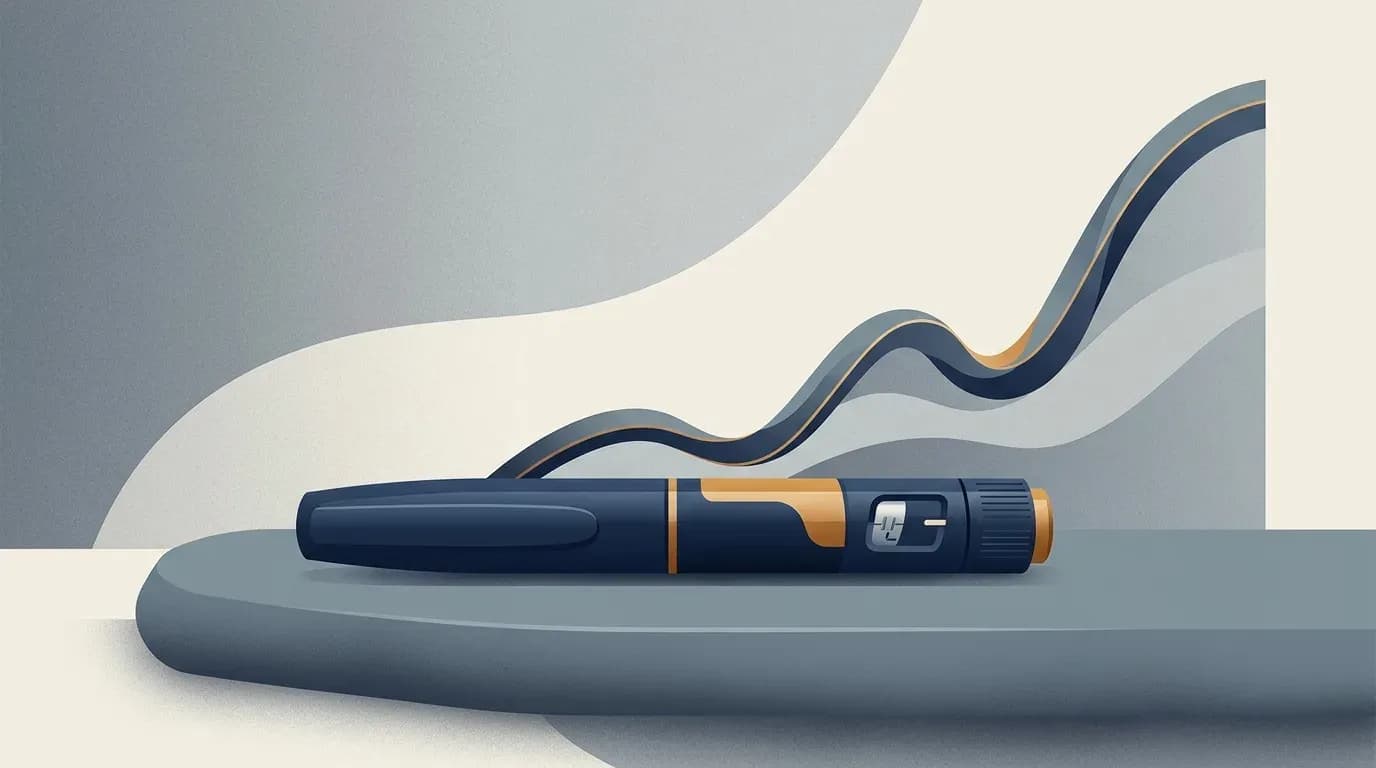 Illustration of a GLP-1 injection pen beside an abstract rising line, showing growth over time.