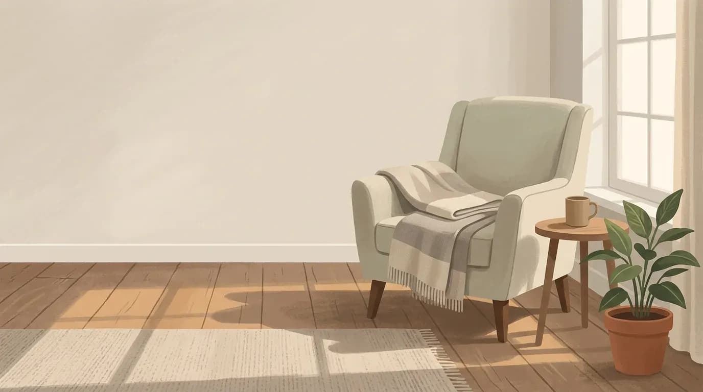 Illustration of a quiet living room corner with an empty armchair, a folded blanket and a mug on a side table in morning light.