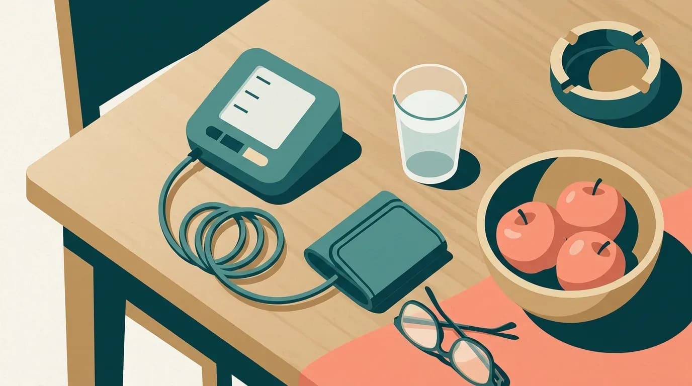 Illustration of a blood pressure monitor, a glass of water, a bowl of apples and an empty ashtray on a kitchen table