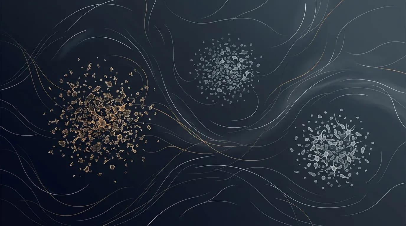 Illustration of fine luminous filaments and three distinct particle clusters drifting in a dark fluid field.