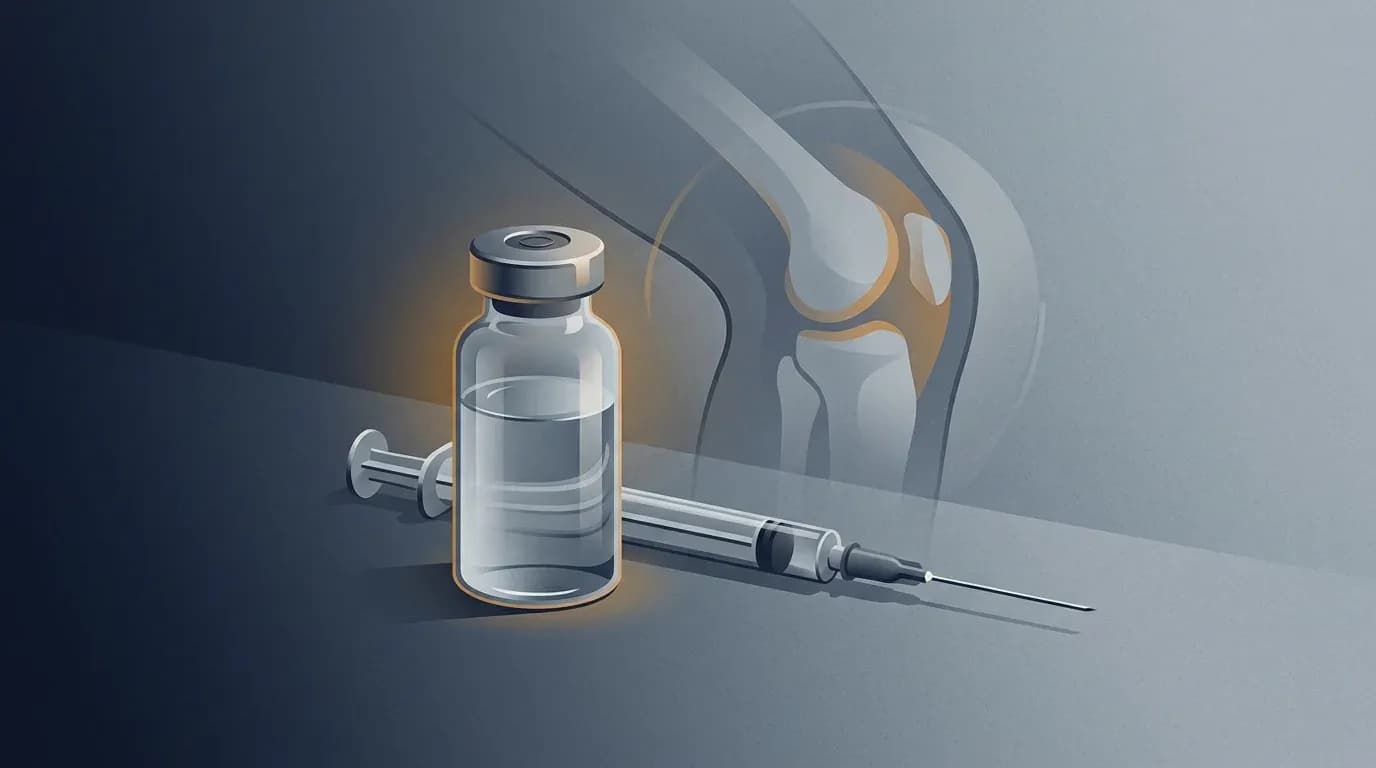 Illustration of a medical vial and a syringe beside an abstract knee joint