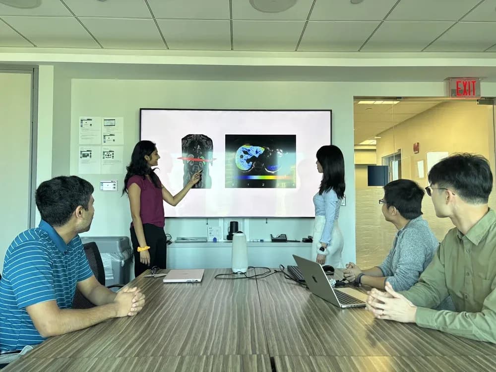 Researchers in a conference room reviewing a colour-coded spleen scan on a wall screen