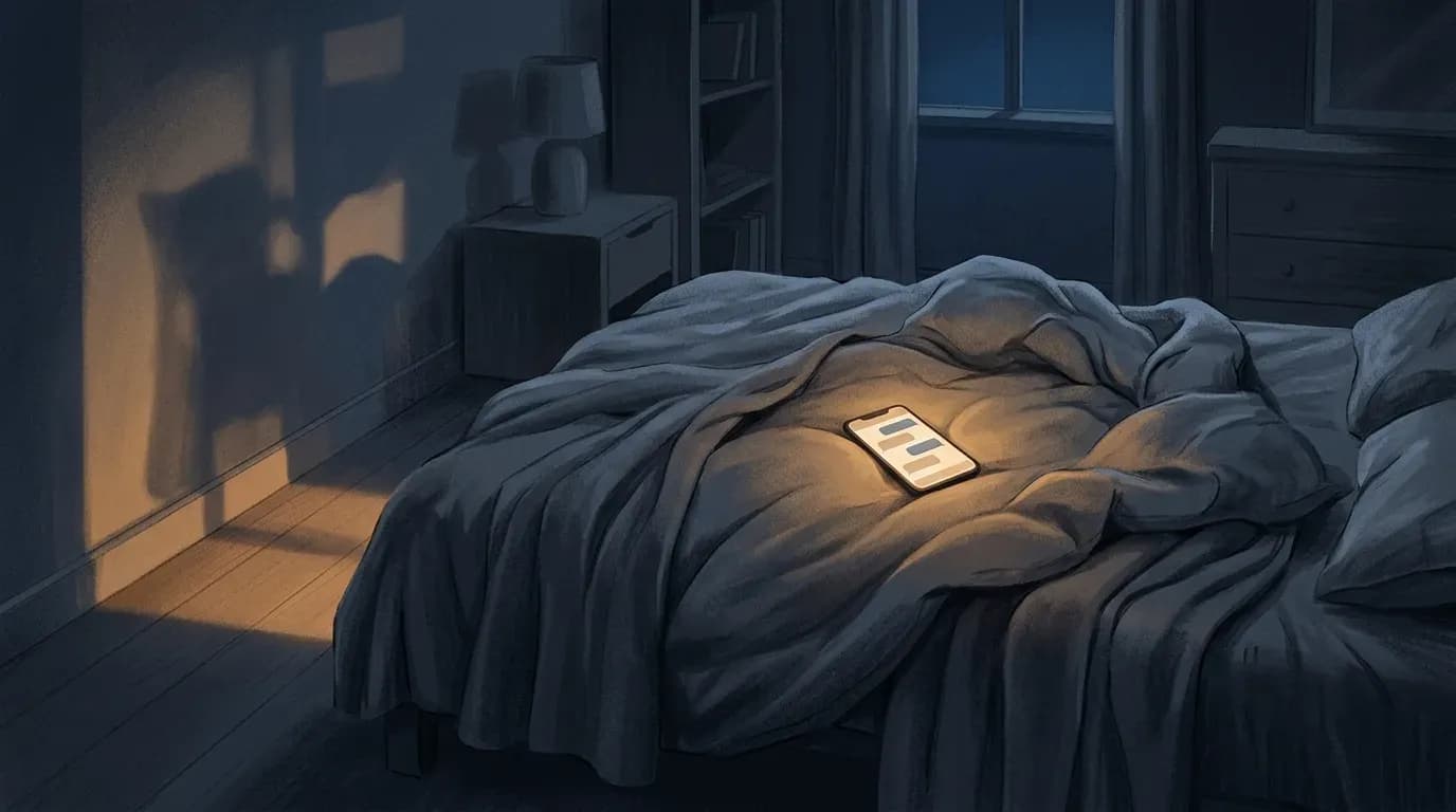 Illustration of a phone glowing face up on a bed in a dark bedroom at night
