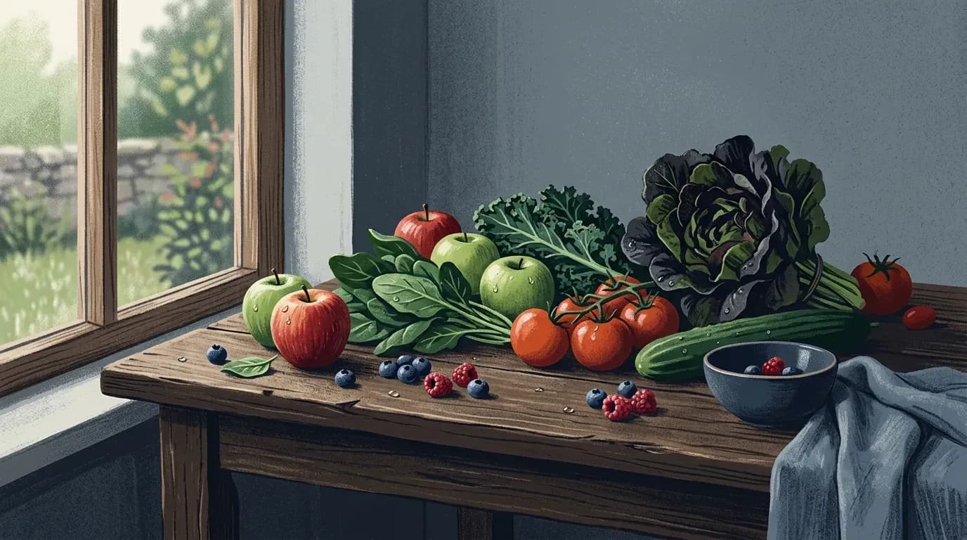Fresh fruit and vegetables on a wooden kitchen table beside a window