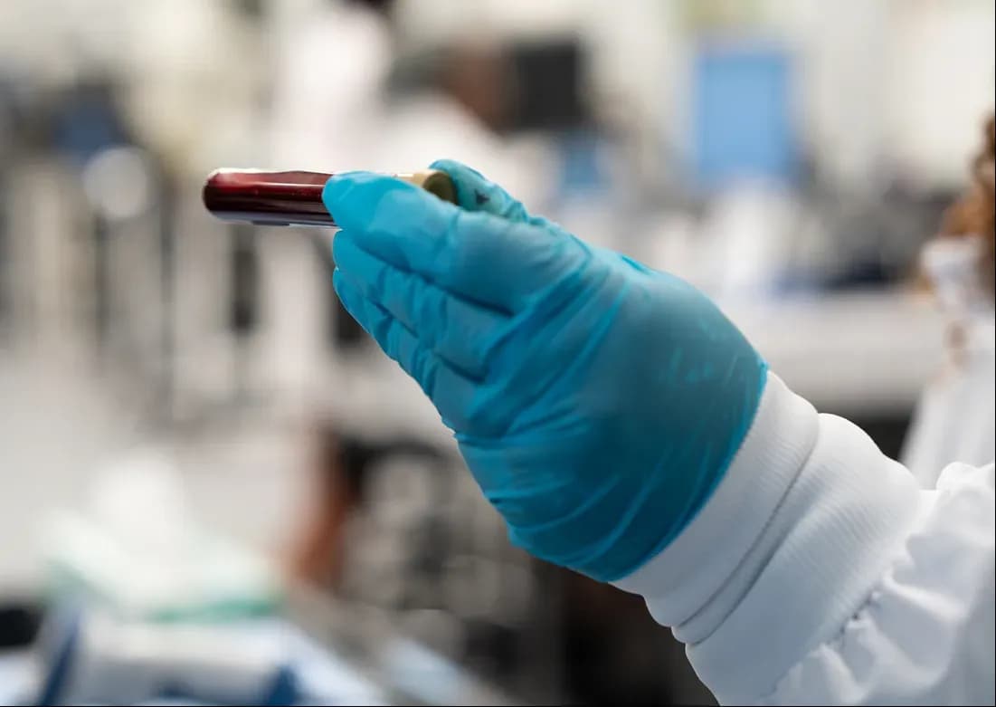 A gloved laboratory worker holds a tube of blood in a laboratory