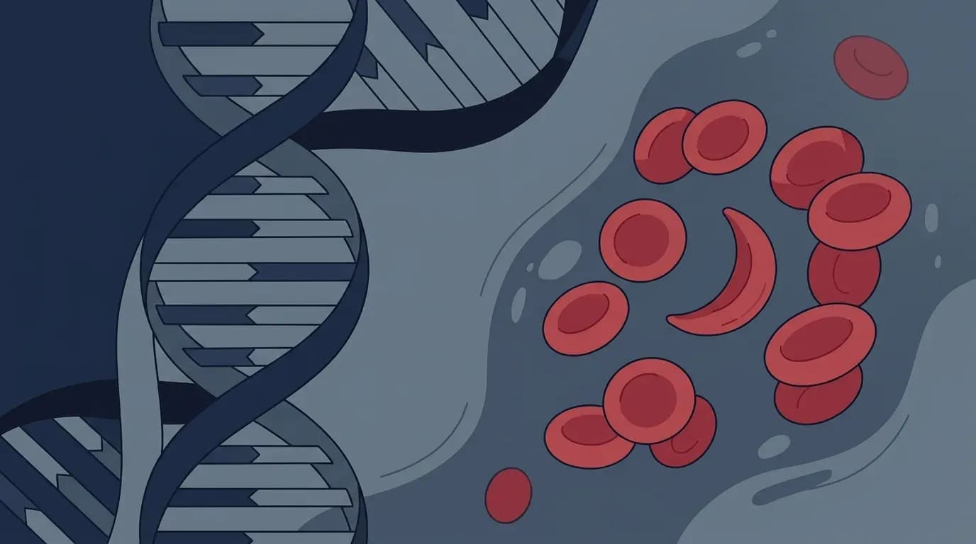Illustration of a DNA double helix beside red blood cells, one of them a crescent-shaped sickle cell