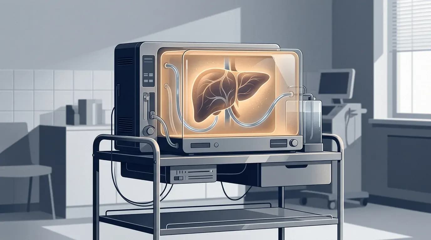 Illustration of a medical perfusion machine keeping a donor liver alive and oxygenated in a glowing chamber on a clinical cart