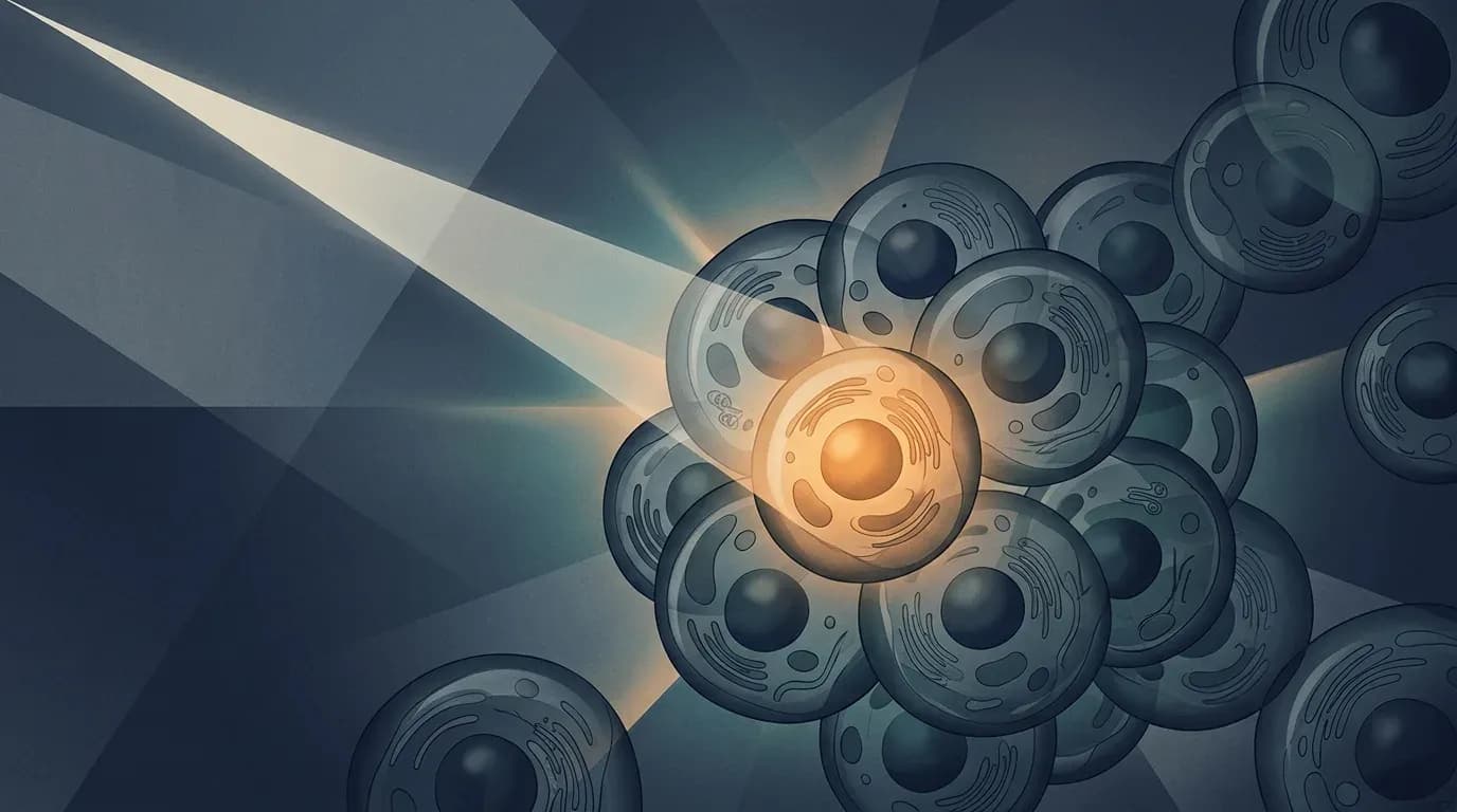 Illustration of a focused beam of light striking a cluster of cell-like forms, with one targeted cell glowing warm amber